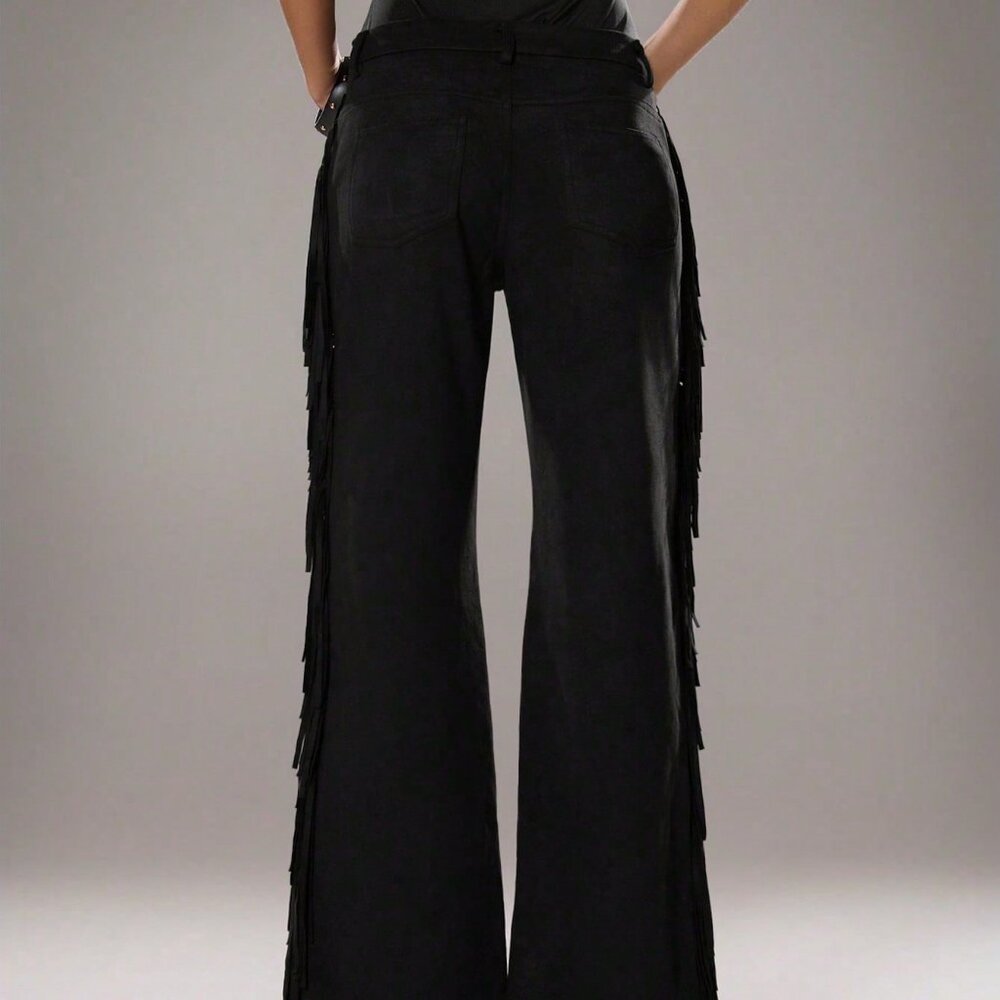 Black Women's Casual Flared Leg Faux Suede Fringe Side Pants - Picture 4 of 7